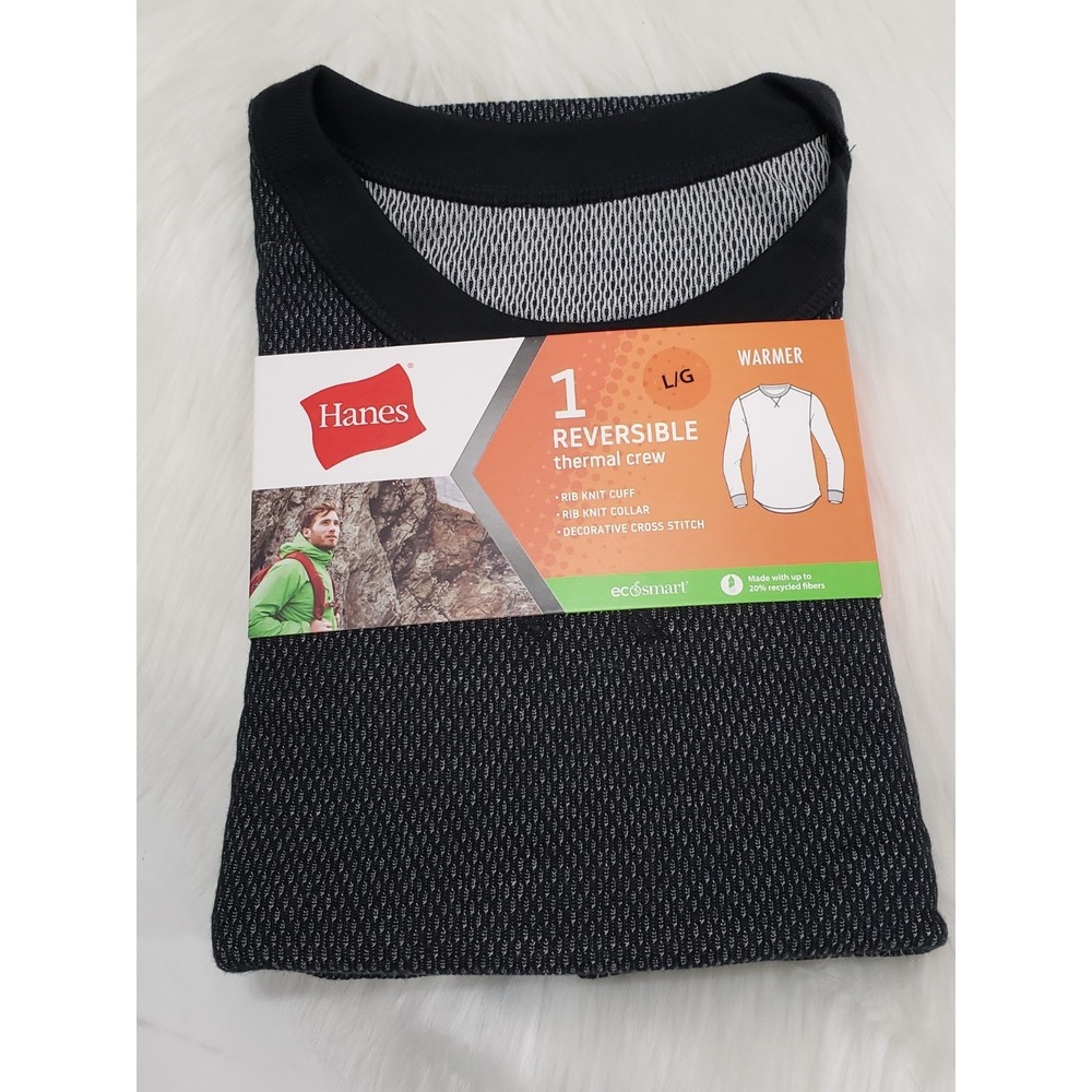 NEW Hanes Men's Thermal Crew long sleeve SHIRT Warmer‎ Reversible Black Large